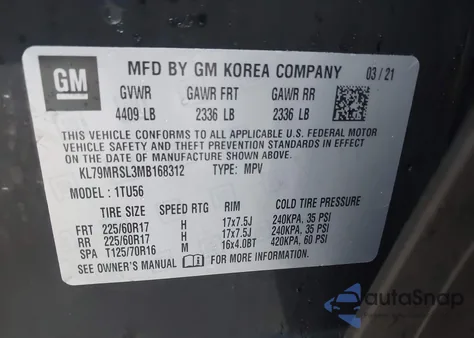 2021 Chevrolet Trailblazer Awd Lt из США, поврежденный, VIN KL79MRSL3MB168312